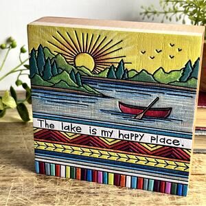 Primitives By Kathy 'The Lake Is My Happy Place' Small Block Sign Woodburn Style